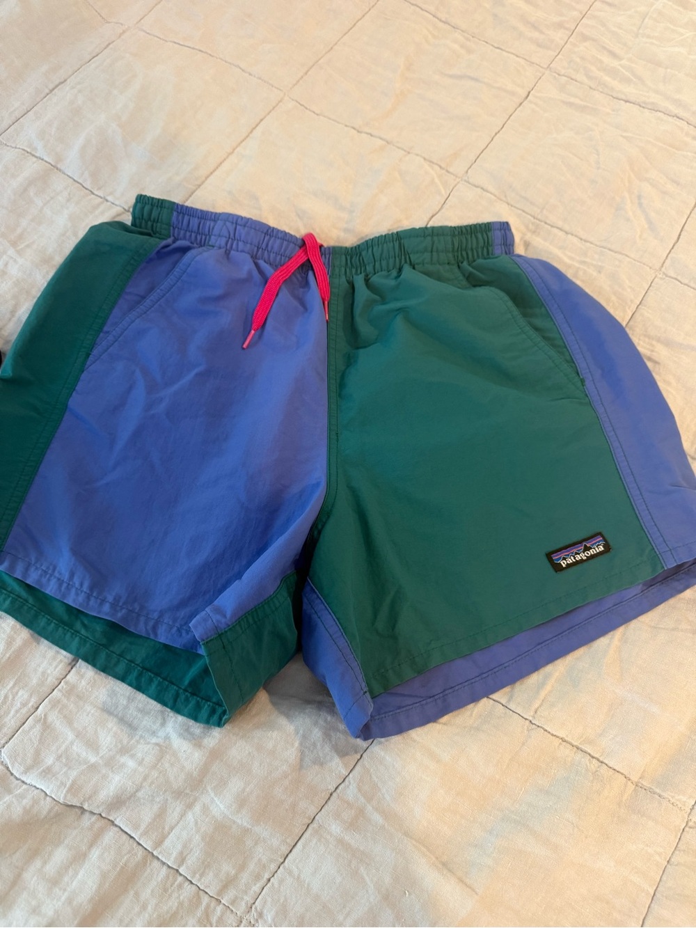 Patagonia Women’s Teal and Periwinkle Athletic Shorts with Pink Drawcord, Small